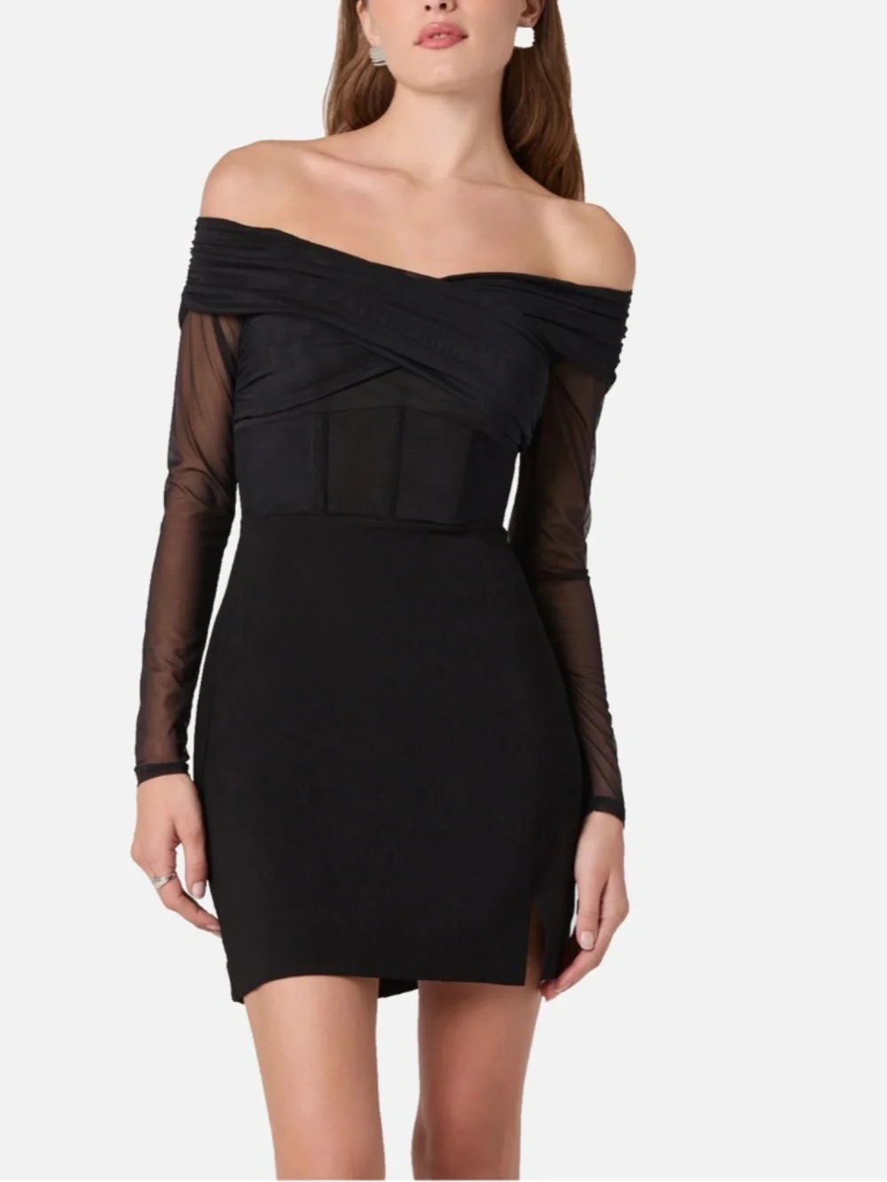 NEW ASTR The Label BLACK Off The Shoulder MESH Corset COCKTAIL Slit MINI DRESS M